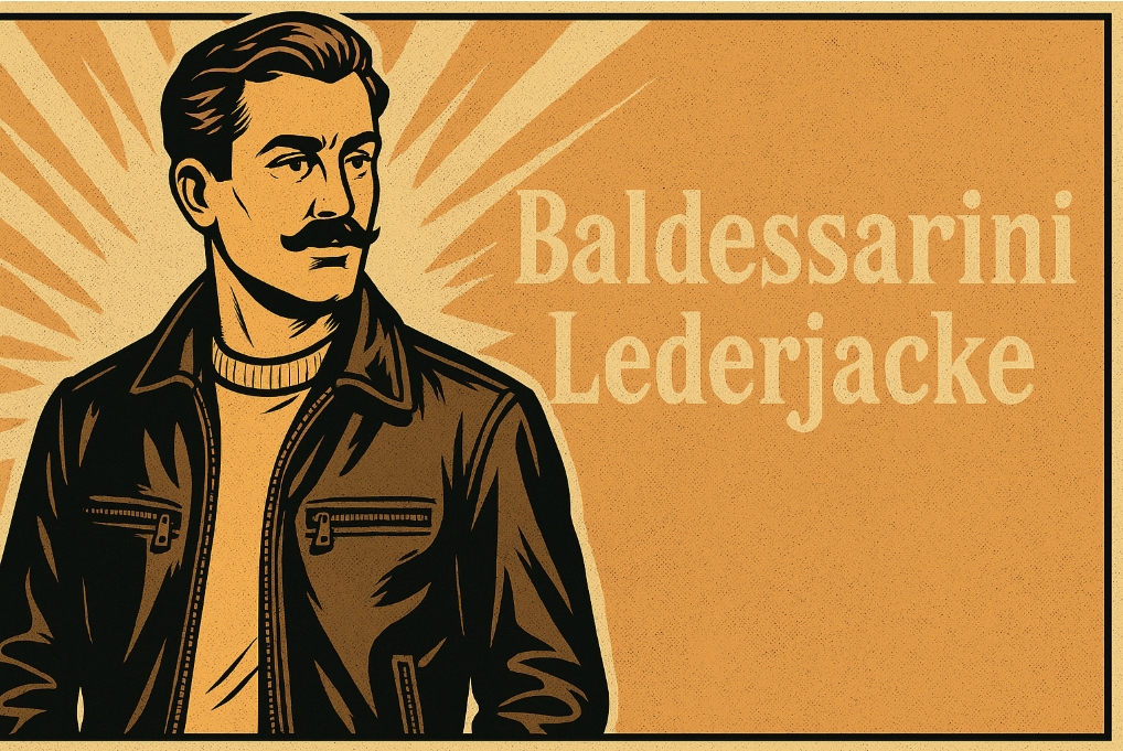 Illustration eines Mannes mit Schnurrbart in schwarzer Baldessarini Lederjacke im 20er-Jahre-Comicstil vor Retro-Hintergrund