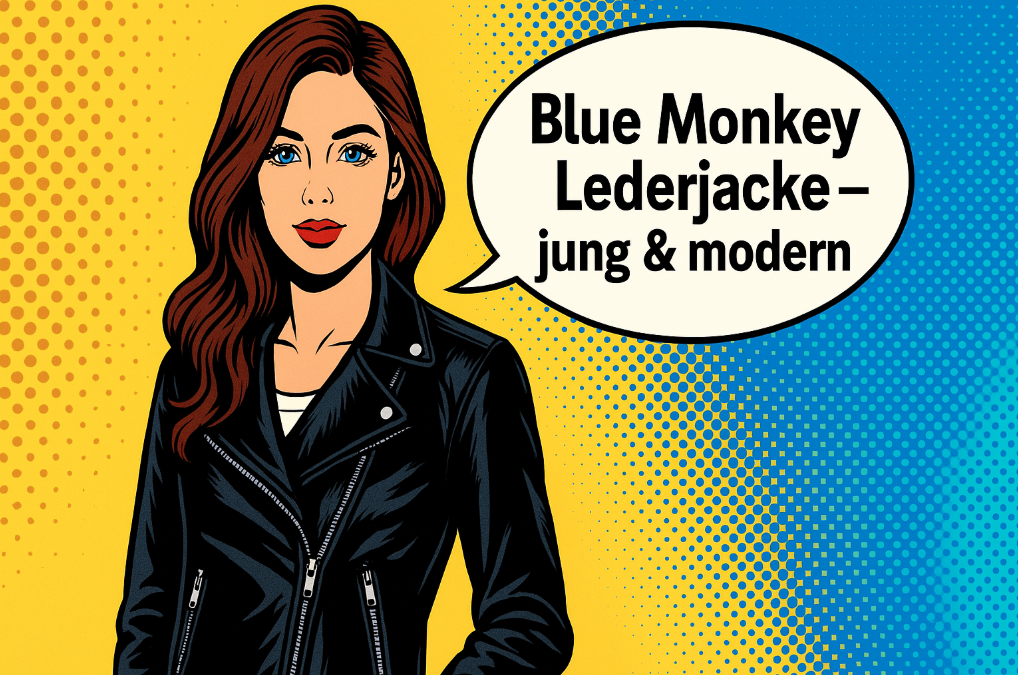 Pop-Art Illustration einer Frau in schwarzer Blue Monkey Lederjacke mit gelbem und blauem Hintergrund, daneben Text „Blue Monkey Lederjacke – jung & modern“