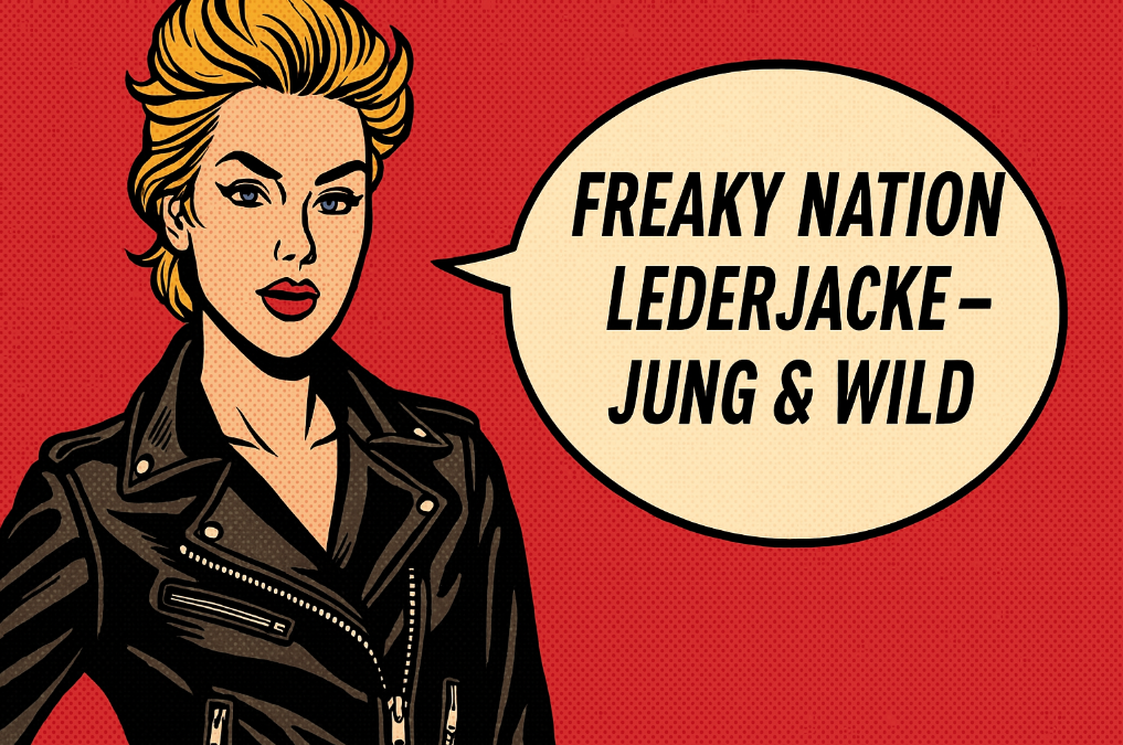 Pop-Art Illustration einer Frau in schwarzer Freaky Nation Lederjacke mit Sprechblase „Freaky Nation Lederjacke – jung & wild“