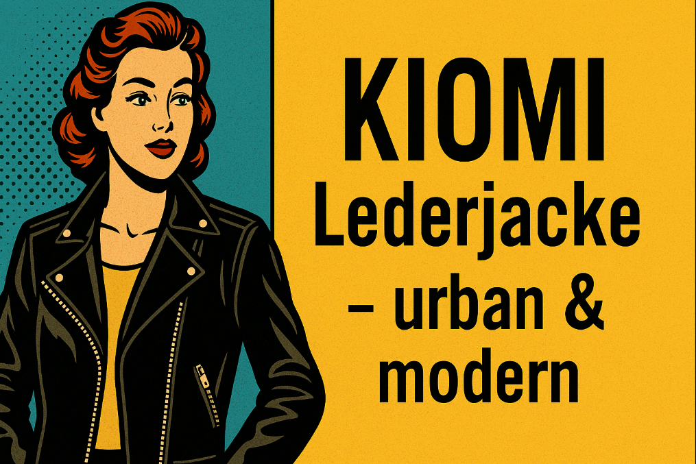 Pop-Art Illustration einer Frau in schwarzer KIOMI Lederjacke mit gelbem Hintergrund und Text „KIOMI Lederjacke – urban & modern“