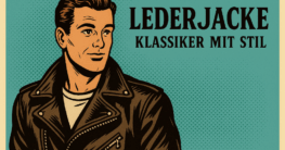 Retro-Comic Illustration im 50er-Jahre-Stil eines Mannes in Lederjacke vor türkisem Hintergrund mit dem Text „Lederjacken Online Shop – Klassiker mit Stil“
