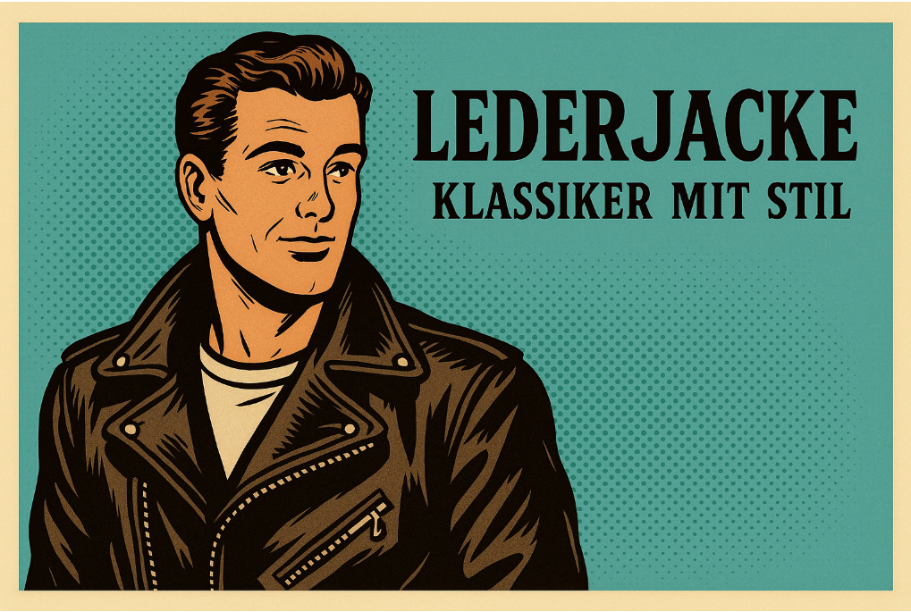 Retro-Comic Illustration im 50er-Jahre-Stil eines Mannes in Lederjacke vor türkisem Hintergrund mit dem Text „Lederjacken Online Shop – Klassiker mit Stil“