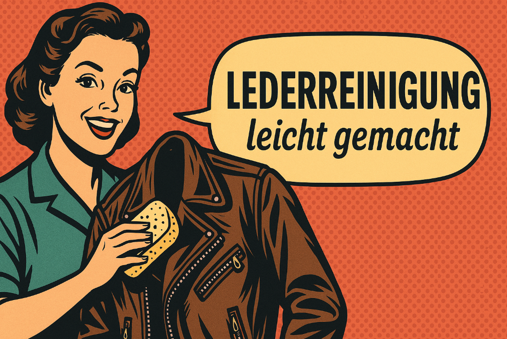 Comic-Illustration einer Frau, die eine braune Lederjacke mit Schwamm reinigt, daneben der Text „Lederreinigung leicht gemacht“
