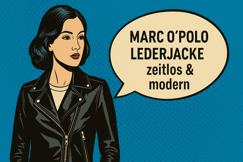 Pop-Art Illustration einer Frau in schwarzer Marc O’Polo Lederjacke mit Sprechblase „Marc O’Polo Lederjacke – zeitlos & modern“