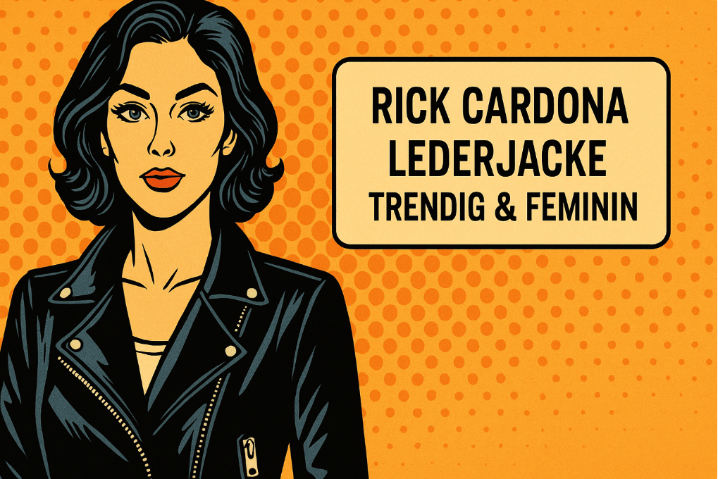 Pop-Art Illustration einer Frau in schwarzer Rick Cardona Lederjacke vor orangefarbenem Hintergrund mit Text „Rick Cardona Lederjacke – trendig & feminin“