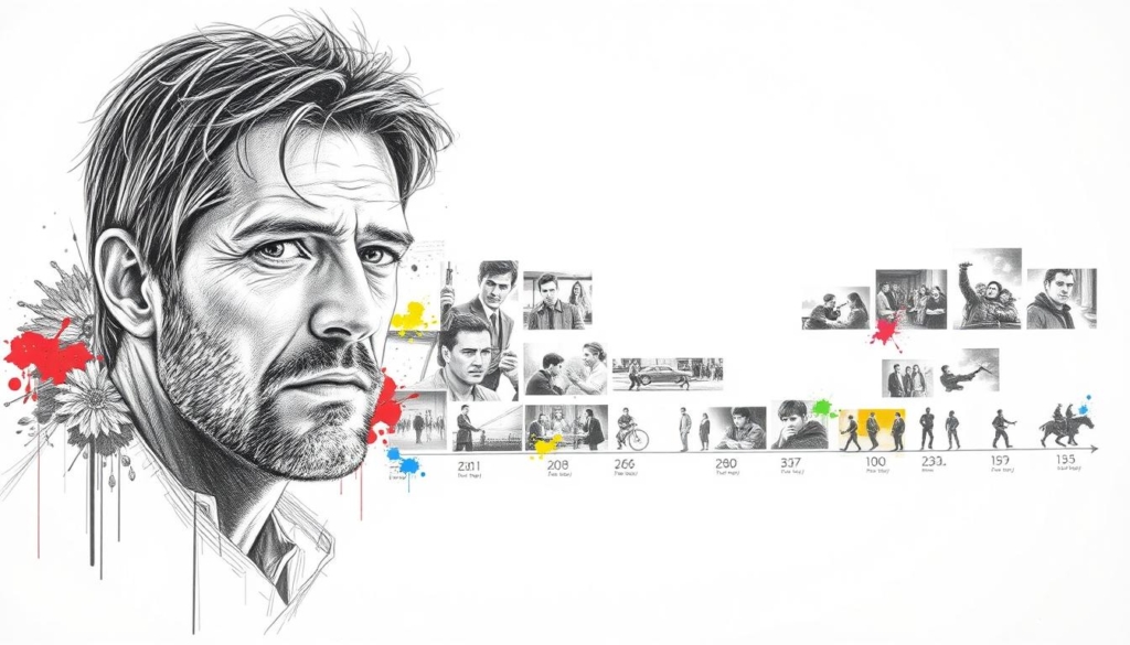 A black and white cinematic sketch of Nikolaj Coster-Waldau's filmography, with subtle splashes of color highlighting key moments in his acting career. In the foreground, a detailed portrait of the actor, rendered in fine pencil strokes, capturing his distinctive features and intense gaze. In the middle ground, a collage of movie posters and scenes from his most iconic roles, including his breakout performance in "Game of Thrones." The background features a minimalist timeline, tracing his journey from early Danish films to his recent international successes, punctuated by vibrant bursts of color that draw the eye to his most significant projects. A black and white cinematic sketch of Nikolaj Coster-Waldau's filmography, with subtle splashes of color highlighting key moments in his acting career. In the foreground, a detailed portrait of the actor, rendered in fine pencil strokes, capturing his distinctive features and intense gaze. In the middle ground, a collage of movie posters and scenes from his most iconic roles, including his breakout performance in "Game of Thrones." The background features a minimalist timeline, tracing his journey from early Danish films to his recent international successes, punctuated by vibrant bursts of color that draw the eye to his most significant projects.