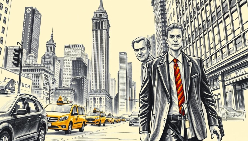 A black and white cityscape of New York City, with skyscrapers and buildings in the background, and a man in the foreground, presumably Maurice Bohlen, dressed in a sharp suit, walking with purpose down a busy city street. The scene is illuminated by warm, gentle lighting, casting soft shadows and creating a sense of depth and atmosphere. Subtle pops of color, such as the yellow taxi cabs or the red accents on the man's outfit, draw the eye and add visual interest. The overall tone is one of ambition, success, and the dynamism of the urban landscape that shaped Bohlen's career. A black and white cityscape of New York City, with skyscrapers and buildings in the background, and a man in the foreground, presumably Maurice Bohlen, dressed in a sharp suit, walking with purpose down a busy city street. The scene is illuminated by warm, gentle lighting, casting soft shadows and creating a sense of depth and atmosphere. Subtle pops of color, such as the yellow taxi cabs or the red accents on the man's outfit, draw the eye and add visual interest. The overall tone is one of ambition, success, and the dynamism of the urban landscape that shaped Bohlen's career.