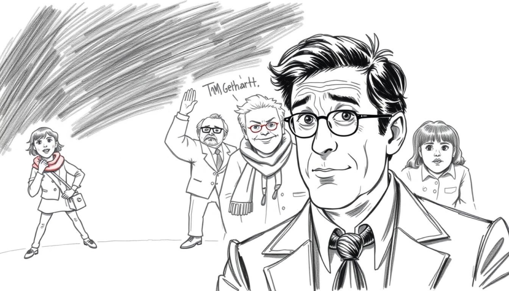 A black and white illustration depicting a scene from the iconic German comedy film "Voll normaaal." The foreground features Tom Gerhardt, the lead actor, in his signature role, capturing his comedic expressions and mannerisms with precise, expressive linework. The middle ground showcases the film's quirky supporting characters, frozen in dynamic poses that convey the movie's playful, irreverent tone. The background is rendered in a minimalist, sketchy style, hinting at the simple yet effective production design that made the film a beloved classic. Occasional splashes of color, such as a red scarf or a bright prop, add visual interest and emphasize the film's enduring cultural significance. A black and white illustration depicting a scene from the iconic German comedy film "Voll normaaal." The foreground features Tom Gerhardt, the lead actor, in his signature role, capturing his comedic expressions and mannerisms with precise, expressive linework. The middle ground showcases the film's quirky supporting characters, frozen in dynamic poses that convey the movie's playful, irreverent tone. The background is rendered in a minimalist, sketchy style, hinting at the simple yet effective production design that made the film a beloved classic. Occasional splashes of color, such as a red scarf or a bright prop, add visual interest and emphasize the film's enduring cultural significance.