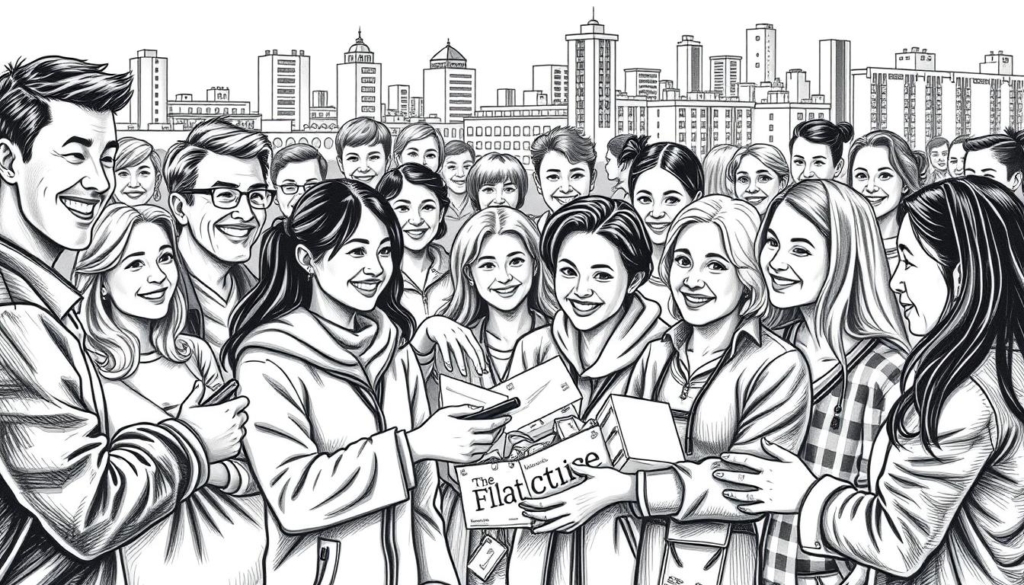 A black and white illustration depicting a scene of social engagement and charitable work. In the foreground, a group of diverse individuals - young and old, men and women - are gathered, their faces beaming with warmth and compassion. They are engaged in various acts of service, such as distributing food, clothing, or medical supplies, or offering emotional support to those in need. The middle ground features a backdrop of urban structures, suggesting a bustling city environment. Pops of color, such as the vibrant hues of the charitable organization's logo or the clothing of the volunteers, provide visual interest and draw the viewer's attention to the meaningful actions taking place. The overall atmosphere is one of unity, purpose, and a shared commitment to making a positive impact on the community.