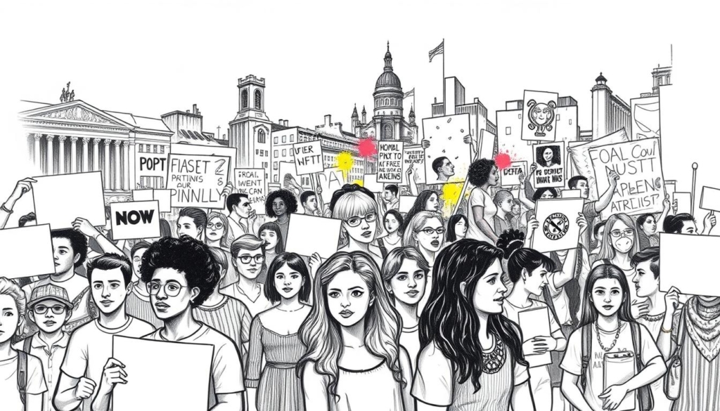 A black and white illustration depicting social engagement and activism, with vibrant pops of color. In the foreground, a crowd of diverse figures marching together, their expressions determined, holding placards and banners. The middle ground features a scene of community outreach, volunteers distributing food and resources. In the background, a cityscape with architectural details rendered in striking monochrome, punctuated by splashes of color in protest murals and symbolic imagery. The overall atmosphere conveys a sense of unity, purpose, and a call to action, captured in a dynamic, graphical style.