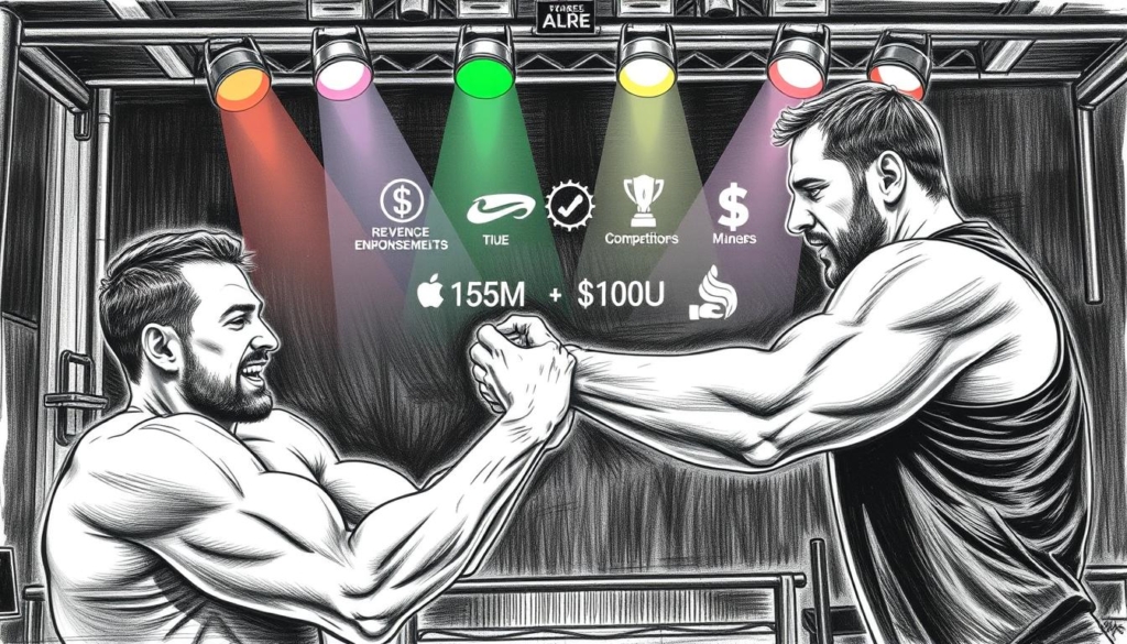 A black-and-white illustration depicting the diverse income sources of Devon Larratt, a renowned arm wrestling champion. In the foreground, Larratt's muscular arms are engaged in an intense arm wrestling match, with colorful spotlights illuminating the scene. The middle ground showcases various revenue streams, such as endorsement deals, sponsorships, and competition prize money, represented by symbolic icons. The background features a minimalist, industrial-style setting, hinting at the grit and determination required to succeed in the world of professional arm wrestling.