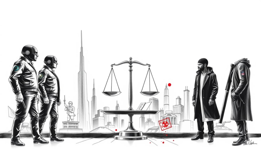 A black and white illustration depicting the legal battle between the electronic music pioneers Kraftwerk and the hip-hop artist Moses Pelham. In the foreground, two figures representing Kraftwerk and Pelham stand opposed, engaged in a tense confrontation, their stances and gestures conveying the intensity of the legal dispute. The middle ground features a scales of justice, the balance tipping slightly to one side, symbolizing the complexity and high stakes of the case. In the background, a cityscape with towering, angular buildings and structures evokes the industrial, technological setting of the conflict. Subtle splashes of color, such as a red stamp or a blue document, punctuate the otherwise monochromatic scene, drawing attention to the key elements of the legal proceedings. A black and white illustration depicting the legal battle between the electronic music pioneers Kraftwerk and the hip-hop artist Moses Pelham. In the foreground, two figures representing Kraftwerk and Pelham stand opposed, engaged in a tense confrontation, their stances and gestures conveying the intensity of the legal dispute. The middle ground features a scales of justice, the balance tipping slightly to one side, symbolizing the complexity and high stakes of the case. In the background, a cityscape with towering, angular buildings and structures evokes the industrial, technological setting of the conflict. Subtle splashes of color, such as a red stamp or a blue document, punctuate the otherwise monochromatic scene, drawing attention to the key elements of the legal proceedings.