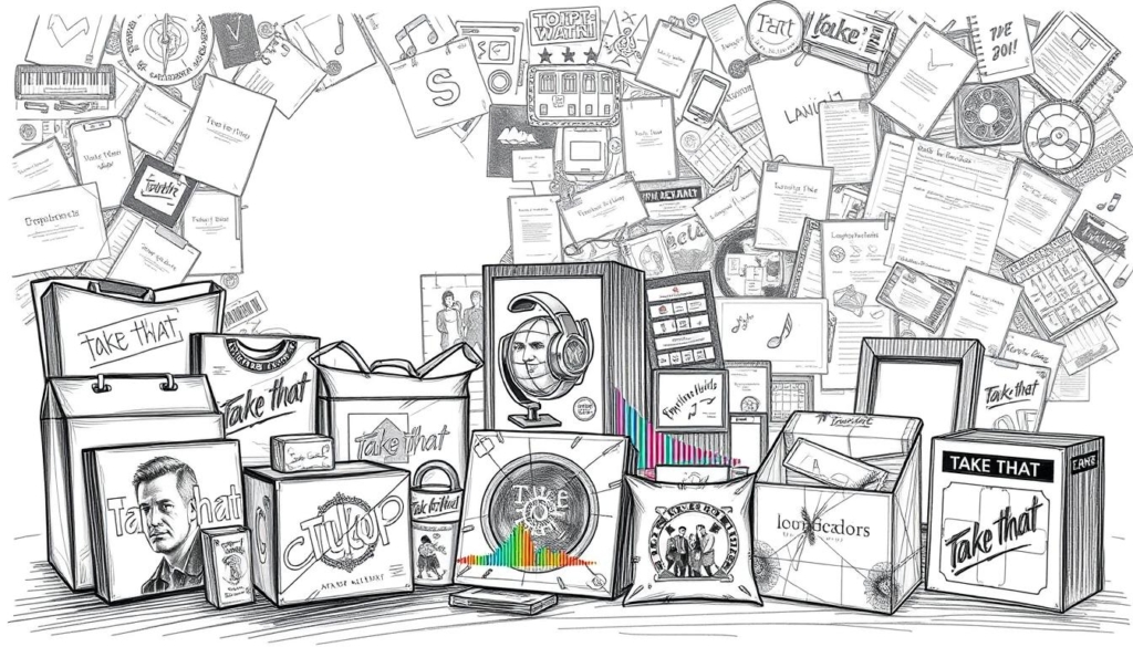A black-and-white illustration showcasing the diverse licensing opportunities of Take That's musical catalog. In the foreground, a selection of branded merchandise and packaging featuring the band's iconic logo and album artwork, rendered in crisp, precise pencil strokes. The middle ground depicts a collage of advertisements and product placements, with the band's songs playing in the background, represented by colorful audio waves. The background fades into a network of licensing agreements and contracts, hinting at the intricate web of commercial partnerships that have allowed Take That's music to permeate various industries and media platforms. The overall mood is one of professional sophistication, highlighting the group's savvy business acumen and the lucrative potential of their enduring musical legacy. A black-and-white illustration showcasing the diverse licensing opportunities of Take That's musical catalog. In the foreground, a selection of branded merchandise and packaging featuring the band's iconic logo and album artwork, rendered in crisp, precise pencil strokes. The middle ground depicts a collage of advertisements and product placements, with the band's songs playing in the background, represented by colorful audio waves. The background fades into a network of licensing agreements and contracts, hinting at the intricate web of commercial partnerships that have allowed Take That's music to permeate various industries and media platforms. The overall mood is one of professional sophistication, highlighting the group's savvy business acumen and the lucrative potential of their enduring musical legacy.