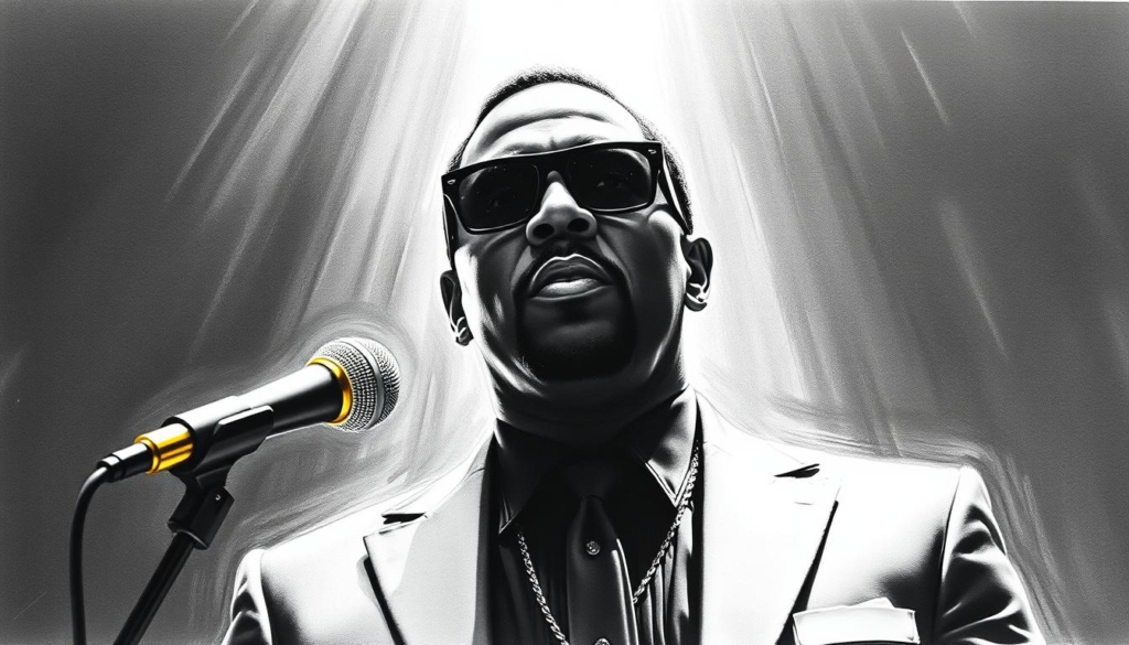 A black and white portrait of R. Kelly at the peak of his musical career, captured in a dramatic chiaroscuro lighting. The singer stands center-frame, his confident gaze and sharp silhouette conveying the height of his professional success and wealth. Surrounding him, subtle pops of color highlight the opulent details - a glimmering gold microphone, the sheen of a bespoke suit, the glint of diamond jewelry. The overall mood is one of power, prestige and artistic prowess, reflecting R. Kelly's commercial dominance and cultural influence at the pinnacle of his career. A black and white portrait of R. Kelly at the peak of his musical career, captured in a dramatic chiaroscuro lighting. The singer stands center-frame, his confident gaze and sharp silhouette conveying the height of his professional success and wealth. Surrounding him, subtle pops of color highlight the opulent details - a glimmering gold microphone, the sheen of a bespoke suit, the glint of diamond jewelry. The overall mood is one of power, prestige and artistic prowess, reflecting R. Kelly's commercial dominance and cultural influence at the pinnacle of his career.