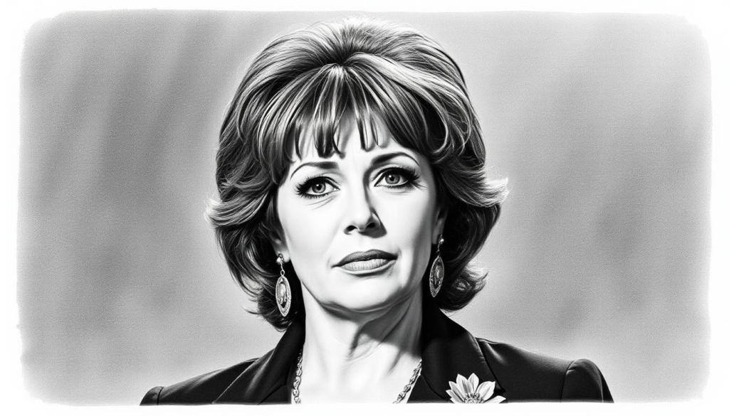 A black and white portrait of iconic German schlager singer Mary Roos, her distinctive features and expressive face capturing the essence of her influential presence in the German music scene. The image showcases a mid-shot composition, with Roos in the center, set against a softly blurred background that hints at the stage or performance setting that defined her career. Subtle pops of color, perhaps in the form of a single flower or a bold accessory, draw the eye to the focal point of Roos herself, whose commanding gaze and confident pose convey her lasting impact on the German schlager genre. A black and white portrait of iconic German schlager singer Mary Roos, her distinctive features and expressive face capturing the essence of her influential presence in the German music scene. The image showcases a mid-shot composition, with Roos in the center, set against a softly blurred background that hints at the stage or performance setting that defined her career. Subtle pops of color, perhaps in the form of a single flower or a bold accessory, draw the eye to the focal point of Roos herself, whose commanding gaze and confident pose convey her lasting impact on the German schlager genre.