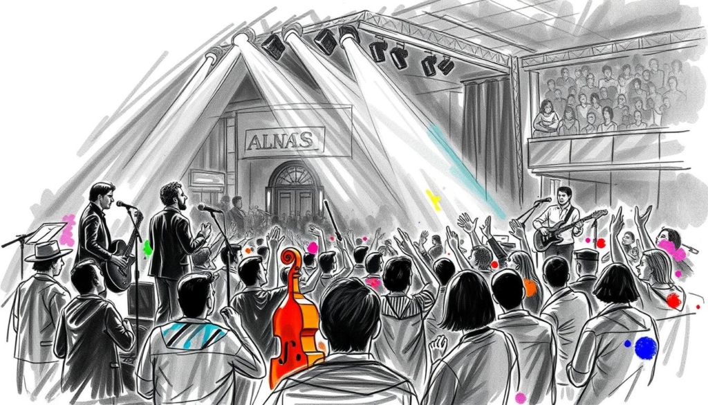A black-and-white sketch-like performance featuring Klaas Heufer-Umlauf's band Gloria, with muted tones punctuated by vibrant splashes of color. The foreground captures the musicians on stage, their instruments and movements rendered in fine detail. The middle ground showcases the audience, a sea of uplifted faces and swaying bodies, while the background suggests the venue's architecture and lighting setup. The overall atmosphere conveys the energy and passion of a live music event, with a sense of artistic expression and engagement beyond Klaas' usual role as a television personality. A black-and-white sketch-like performance featuring Klaas Heufer-Umlauf's band Gloria, with muted tones punctuated by vibrant splashes of color. The foreground captures the musicians on stage, their instruments and movements rendered in fine detail. The middle ground showcases the audience, a sea of uplifted faces and swaying bodies, while the background suggests the venue's architecture and lighting setup. The overall atmosphere conveys the energy and passion of a live music event, with a sense of artistic expression and engagement beyond Klaas' usual role as a television personality.
