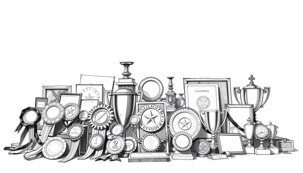 A black and white sketch of an assortment of awards and accolades, including medals, trophies, and certificates, arranged in a visually striking composition. The foreground features the most prestigious honors, with a mix of colorful and monochrome elements adding depth and texture. The middle ground showcases a variety of smaller commendations, while the background suggests a minimalist, gallery-like setting, allowing the awards to take center stage. The lighting is soft and directional, casting subtle shadows that enhance the three-dimensional effect. The overall tone conveys a sense of recognition, prestige, and the culmination of a successful career. A black and white sketch of an assortment of awards and accolades, including medals, trophies, and certificates, arranged in a visually striking composition. The foreground features the most prestigious honors, with a mix of colorful and monochrome elements adding depth and texture. The middle ground showcases a variety of smaller commendations, while the background suggests a minimalist, gallery-like setting, allowing the awards to take center stage. The lighting is soft and directional, casting subtle shadows that enhance the three-dimensional effect. The overall tone conveys a sense of recognition, prestige, and the culmination of a successful career.