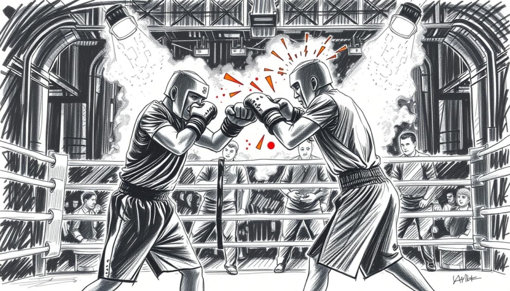 A boxing ring set against a dimly lit, industrial backdrop. In the foreground, two figures clad in black and white uniforms engage in a fierce match, their movements captured in a series of dynamic, sketchy lines. The combatants' faces are obscured, their expressions hidden, but their intensity is palpable. Splashes of color, perhaps from the gloves or training equipment, punctuate the monochrome scene, adding a sense of drama and urgency. The lighting is harsh, casting stark shadows and highlighting the tension of the moment. The overall atmosphere conveys the raw, gritty nature of the "Boxkampf Herausforderungen" at the heart of the article.