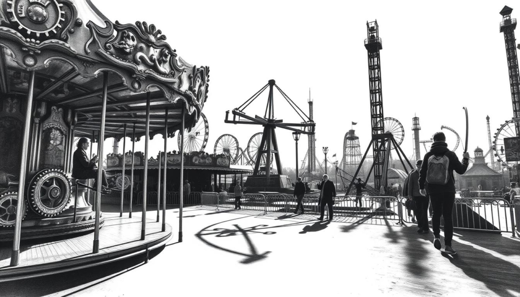 A bustling fairground scene, with various ride mechanisms casting dramatic shadows across the ground. In the foreground, the intricate gears and pulleys of a classic carousel stand in stark contrast, their polished surfaces gleaming. In the middle ground, the swinging arms of a pendulum ride arc gracefully, their movement captured with a sense of kinetic energy. The background is filled with the silhouettes of other towering structures - Ferris wheels, roller coasters, and more - hinting at the array of attractions that draw crowds and generate revenue for the Schausteller. The overall palette is predominantly black and white, with selective pops of color highlighting key mechanical elements. The scene conveys a sense of mechanical wonder, the ingenious engineering that powers the fairground's ability to generate income.