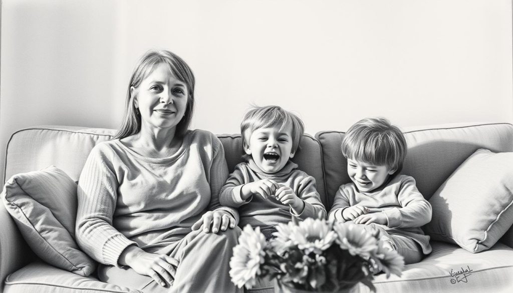A candid, intimate portrait of Simone Thomalla and her family, captured in a soft, monochromatic palette. The scene depicts a warm, cozy living room, with Simone seated on a plush sofa, surrounded by her loved ones. Her expression is serene, conveying a sense of contentment and inner peace. In the middle ground, her children are engaged in a playful interaction, their laughter and warmth radiating through the frame. The background features subtle, muted tones, allowing the focal point to remain on the family's intimate moment. Deliberate use of chiaroscuro lighting casts gentle shadows, adding depth and dimensionality to the composition. Touches of color, such as the vibrant flowers or a family heirloom, punctuate the otherwise grayscale palette, drawing the viewer's eye to the details that make this scene truly personal and meaningful.