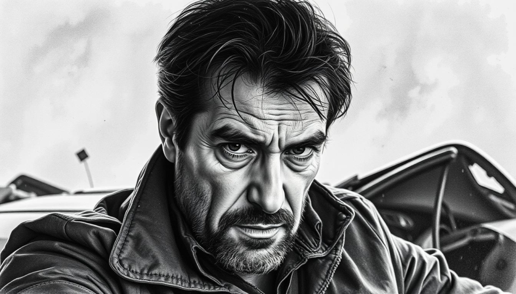 A candid portrait of Erdogan Atalay, the renowned German actor, captured in a moment of vulnerability. The image depicts him amidst the aftermath of a dramatic car accident, his face etched with a pensive expression, the tension of the situation palpable. Rendered in stark black and white, with selective pops of color highlighting the intensity of the scene, the image conveys the duality of Atalaw's public persona and the private challenges he faces. The background is shrouded in a sense of mystery, allowing the viewer to focus on the intricate details of the actor's expression and the visceral emotion of the moment. This powerful visual serves as a poignant exploration of the "other side" of the action hero, offering a rare glimpse into the complexities of his life.