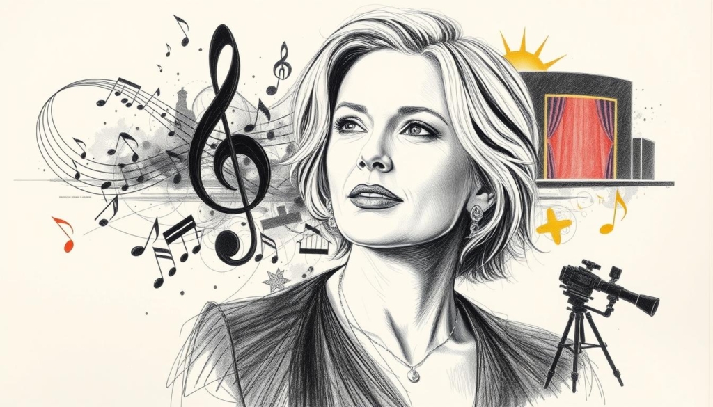 A captivating portrait of acclaimed German singer-songwriter Yvonne Catterfeld, showcasing her musical triumphs. In the foreground, a detailed sketch of Yvonne, her poise and confidence emanating from the page. The middle ground features a collage of musical elements - notes, instruments, and a swirling treble clef, all rendered in a striking black-and-white palette with subtle pops of color to accentuate the dynamism of her career. The background subtly hints at her versatility, with silhouettes of a microphone, a theater stage, and a camera, representing her successful forays into acting and television hosting. The overall composition conveys the multifaceted artistry and the remarkable achievements of this beloved German icon. A captivating portrait of acclaimed German singer-songwriter Yvonne Catterfeld, showcasing her musical triumphs. In the foreground, a detailed sketch of Yvonne, her poise and confidence emanating from the page. The middle ground features a collage of musical elements - notes, instruments, and a swirling treble clef, all rendered in a striking black-and-white palette with subtle pops of color to accentuate the dynamism of her career. The background subtly hints at her versatility, with silhouettes of a microphone, a theater stage, and a camera, representing her successful forays into acting and television hosting. The overall composition conveys the multifaceted artistry and the remarkable achievements of this beloved German icon.