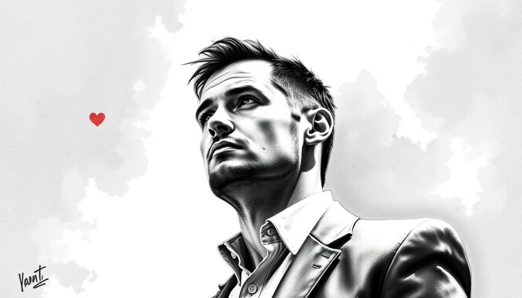 A charismatic man stands in a contemplative pose, his face reflecting an introspective gaze. The scene is rendered in a striking black and white palette, with subtle pops of color strategically placed to draw the viewer's eye. The lighting is soft and diffused, creating a sense of introspection and authenticity. The background is minimalist, allowing the subject's presence to take center stage. The composition is balanced and deliberately framed, capturing the essence of the man's captivating personality and the secrets to his success.