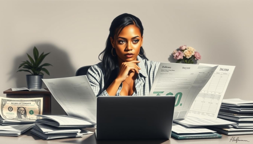 A chiaroscuro portrait of Alisha Lehmann, a professional football player, sitting at a desk surrounded by various financial documents, ledgers, and a laptop. Soft, directional lighting illuminates her thoughtful expression as she reviews her earnings from her football career, endorsements, and other business ventures. The background is muted, with hints of color in the form of a potted plant, a framed diploma, and a vase of flowers, adding visual interest and a sense of her personal space. The image conveys a sense of Alisha's financial acumen and the diverse sources of her wealth.