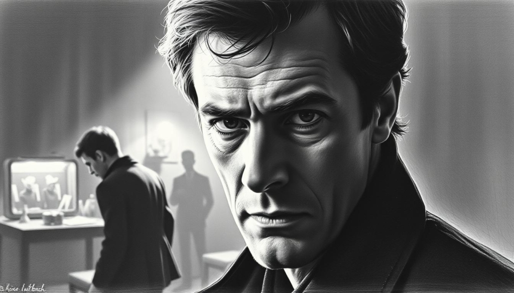 A cinematic scene of a pivotal moment in Heiner Lauterbach's career, capturing the powerful impact of his breakthrough performance in the film "Männer". A striking black and white composition, with bold chiaroscuro lighting and a dramatic, moody atmosphere. In the foreground, Lauterbach's intense, captivating gaze commands the viewer's attention, his facial features and expression rendered in meticulous detail. The middle ground features a cinematic mise-en-scène, hinting at the film's narrative and setting. Subtle pops of color - perhaps a costume detail or a prop - draw the eye and add depth and visual interest. The background is a muted, atmospheric tableau, evoking the zeitgeist of the era and the cultural significance of Lauterbach's seminal role.