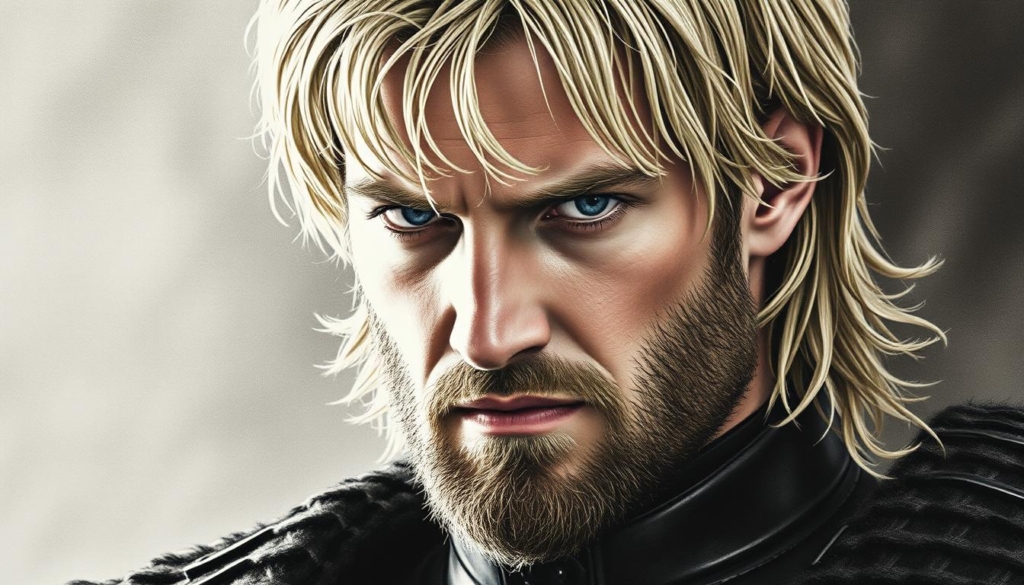 A close-up portrait of Jaime Lannister, the dashing and complex character from the epic fantasy series Game of Thrones. Jaime stands tall, his piercing gaze and chiseled features conveying a mix of intensity and brooding introspection. The lighting is dramatic, casting bold shadows that accentuate the sharp angles of his face. His golden hair, a signature of the Lannister family, frames his face in a way that suggests both pride and vulnerability. The background is hazy and muted, with hints of the medieval world he inhabits, allowing the viewer to focus on the captivating presence of this iconic character. The image is rendered in a moody black and white palette, with strategically placed pops of color, such as the gleam of his sword or the sheen of his armor, drawing the eye to key details. A close-up portrait of Jaime Lannister, the dashing and complex character from the epic fantasy series Game of Thrones. Jaime stands tall, his piercing gaze and chiseled features conveying a mix of intensity and brooding introspection. The lighting is dramatic, casting bold shadows that accentuate the sharp angles of his face. His golden hair, a signature of the Lannister family, frames his face in a way that suggests both pride and vulnerability. The background is hazy and muted, with hints of the medieval world he inhabits, allowing the viewer to focus on the captivating presence of this iconic character. The image is rendered in a moody black and white palette, with strategically placed pops of color, such as the gleam of his sword or the sheen of his armor, drawing the eye to key details.