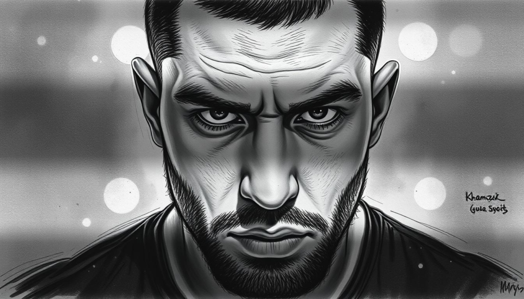 A close-up portrait of Khamzat Chimaev, the mixed martial artist, captured in a somber, moody black and white sketch-like style. His intense gaze and defined features convey a sense of inner conflict and controversy. The background is hazy and obscured, with only a few sparse, colorful accents to draw the eye towards the subject's face. The lighting is dramatic, creating deep shadows and highlights that accentuate the tension and drama of the scene. The overall aesthetic evokes the idea of the subject's personal and professional challenges, and their impact on his financial standing. A close-up portrait of Khamzat Chimaev, the mixed martial artist, captured in a somber, moody black and white sketch-like style. His intense gaze and defined features convey a sense of inner conflict and controversy. The background is hazy and obscured, with only a few sparse, colorful accents to draw the eye towards the subject's face. The lighting is dramatic, creating deep shadows and highlights that accentuate the tension and drama of the scene. The overall aesthetic evokes the idea of the subject's personal and professional challenges, and their impact on his financial standing.