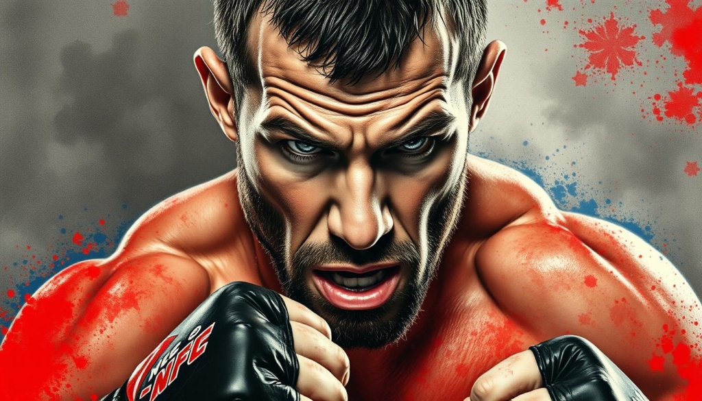 A close-up portrait of Nate Diaz in his signature "Stockton Slap" fighting stance. His face is etched with steely determination, sweat glistening on his weathered features. The background is a hazy, monochrome canvas, with splashes of vibrant red and blue hues highlighting the intensity of the moment. The lighting is dramatic, casting sharp shadows that accentuate the chiseled lines of his muscular frame. The composition is tight, framing Diaz's upper body and allowing the viewer to feel the raw power and intensity of his unique, unorthodox fighting style. A close-up portrait of Nate Diaz in his signature "Stockton Slap" fighting stance. His face is etched with steely determination, sweat glistening on his weathered features. The background is a hazy, monochrome canvas, with splashes of vibrant red and blue hues highlighting the intensity of the moment. The lighting is dramatic, casting sharp shadows that accentuate the chiseled lines of his muscular frame. The composition is tight, framing Diaz's upper body and allowing the viewer to feel the raw power and intensity of his unique, unorthodox fighting style.