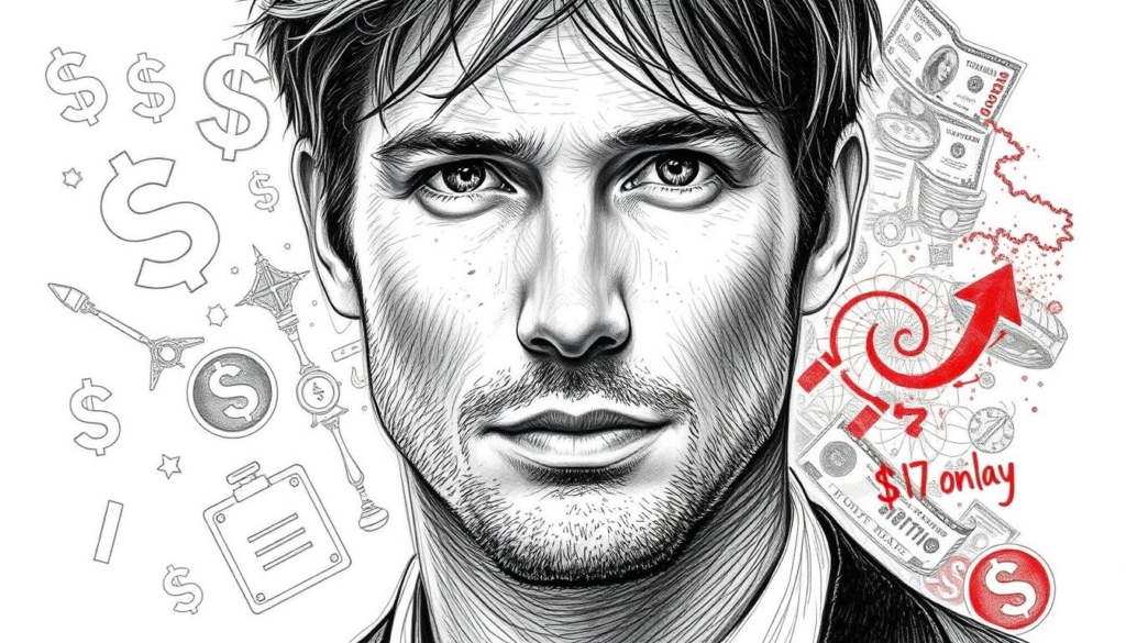 A close-up portrait of actor Ian Somerhalder, rendered in a sophisticated black and white pencil drawing style with selective pops of color. The central focus is his expressive face, capturing his intense gaze and chiseled features. In the background, subtly sketched financial icons and symbols suggest the diverse income streams that contribute to his substantial net worth, such as acting roles, endorsements, and investments. The overall mood is one of understated elegance and quiet power, reflecting the multi-faceted nature of Somerhalder's professional ventures and financial success.