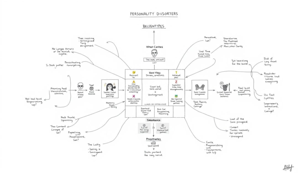 A complex psychological diagram depicting the various subtypes of personality disorders as defined in the DSM-5-TR, rendered in a minimalist black and white style with selective color accents. The layout features a central grid-like structure, with distinct segments representing the different disorder categories. Detailed illustrations within each segment convey the unique characteristics and behaviors associated with that particular disorder. The overall composition has a somber, analytical tone, reflecting the clinical nature of the subject matter. Subtle shadows and gradients add depth and dimension to the image, drawing the viewer's eye through the intricate visual hierarchy.