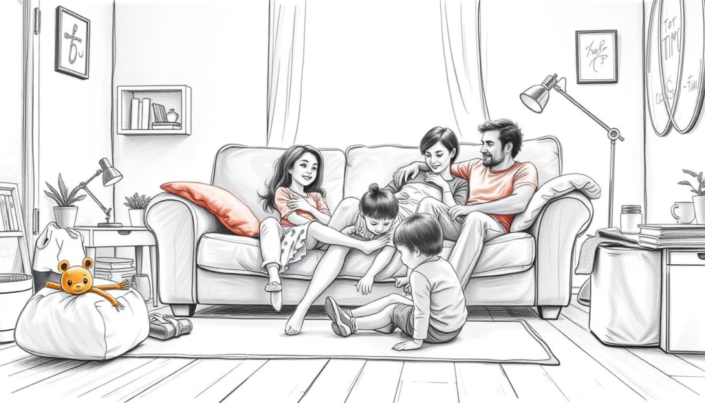 A cozy family scene in a warm, inviting home. A mother and father relaxing on a plush sofa, their children playing nearby on the floor. Soft, diffused lighting illuminates the space, creating a peaceful atmosphere. The family's belongings are neatly arranged, conveying a sense of privacy and domesticity. Pops of color, such as a vibrant throw pillow or a child's toy, add visual interest against the muted, pencil-sketched tones. An intimate, authentic glimpse into the private life of a loving household. A cozy family scene in a warm, inviting home. A mother and father relaxing on a plush sofa, their children playing nearby on the floor. Soft, diffused lighting illuminates the space, creating a peaceful atmosphere. The family's belongings are neatly arranged, conveying a sense of privacy and domesticity. Pops of color, such as a vibrant throw pillow or a child's toy, add visual interest against the muted, pencil-sketched tones. An intimate, authentic glimpse into the private life of a loving household.