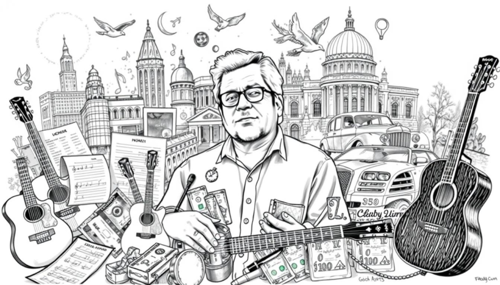 A detailed black and white illustration depicting Freddy Quinn's diverse income sources and wealth-building strategies. In the foreground, an array of musical instruments and sheet music symbolize his successful singing and songwriting career. The middle ground features various business ventures, such as real estate investments and endorsement deals, represented by architectural elements and product packaging. The background showcases his impressive personal assets, including luxury automobiles and a lavish estate, all rendered in a stylized, technical drawing-like aesthetic with selective pops of color to highlight key details.