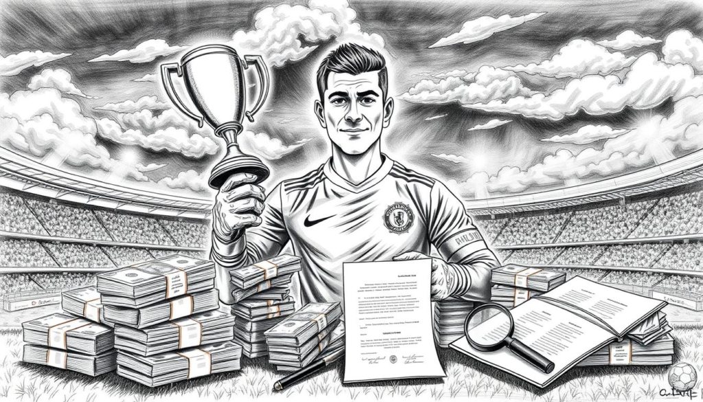 A detailed black and white illustration depicting the financial incentives and bonuses awarded to a professional goalkeeper. The scene showcases a goalkeeper holding a trophy, surrounded by stacks of money, magnifying glasses, and a contract document. The background features a football stadium and a city skyline, conveying the high-stakes world of top-level soccer. The image conveys the wealth and success associated with being an elite goalkeeper, with selective color accents highlighting the key elements. The overall mood is one of prestige, professionalism, and the significant financial rewards available to skilled shot-stoppers.