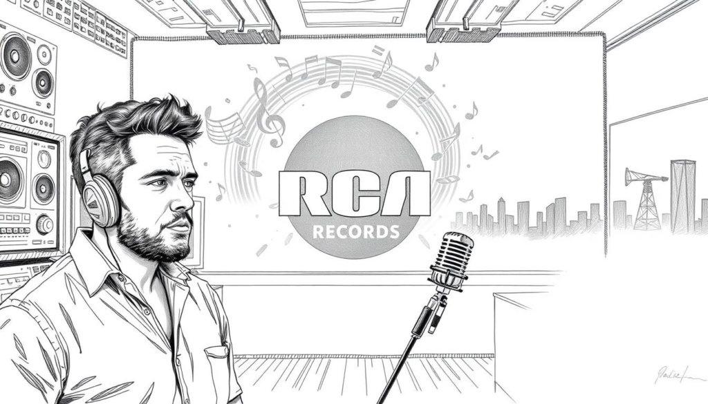 A detailed black and white illustration depicting the partnership between Tate McRae and RCA Records. In the foreground, a pensive Tate stands in a recording studio, microphone in hand, surrounded by sound equipment and technical details. In the middle ground, the RCA Records logo emerges from a swirl of musical notes and waveforms, signifying the record deal. The background features a minimalist cityscape, hinting at Tate's rising fame and success. The image is rendered in a fine pencil sketch style, with subtle pops of color accentuating key elements like Tate's eyes and the RCA insignia.