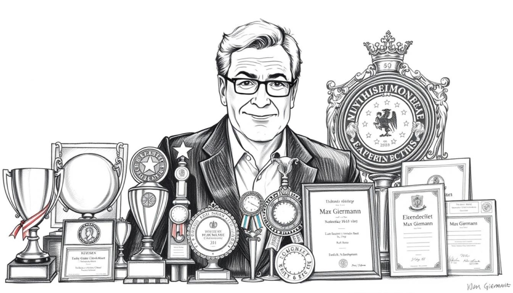 A detailed black and white illustration of various awards and accolades belonging to the renowned German actor and comedian Max Giermann. In the foreground, a collection of trophies, certificates, and medals in a carefully arranged display, capturing the recognition and achievements that have marked his impressive career. The middle ground features a portrait of Giermann, his expression conveying a sense of pride and humility. The background is a clean, minimalist space, allowing the awards to take center stage, with subtle pops of color adding visual interest and emphasis. The overall atmosphere is one of prestige and professional distinction, befitting Giermann's stature in the entertainment industry. A detailed black and white illustration of various awards and accolades belonging to the renowned German actor and comedian Max Giermann. In the foreground, a collection of trophies, certificates, and medals in a carefully arranged display, capturing the recognition and achievements that have marked his impressive career. The middle ground features a portrait of Giermann, his expression conveying a sense of pride and humility. The background is a clean, minimalist space, allowing the awards to take center stage, with subtle pops of color adding visual interest and emphasis. The overall atmosphere is one of prestige and professional distinction, befitting Giermann's stature in the entertainment industry.