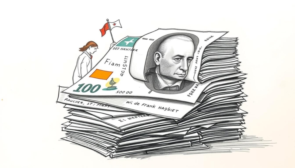 A detailed black and white sketch depicting a stack of German currency bills, punctuated by colorful accents, highlighting the estimated wealth of Frank Hanebuth, a prominent figure in the article "Wie Reich Ist Frank Hanebuth – Steckbrief & Fakten." The scene is illuminated by a warm, soft light, casting subtle shadows that add depth and dimension to the composition. The foreground features the stacked bills, meticulously rendered, while the middle ground showcases a few symbolic elements related to Hanebuth's business ventures and legal challenges. The background is slightly blurred, creating a sense of focus on the primary subject matter.