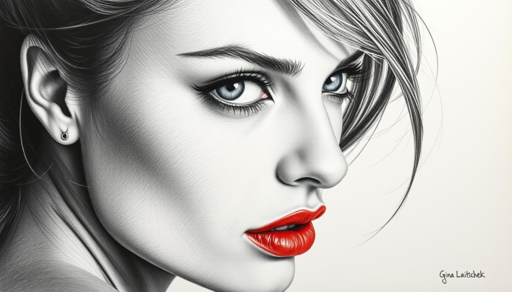A detailed close-up portrait of Gina Laitschek, with a soft, alluring gaze directed at the viewer. Her features are beautifully rendered in a black and white palette, with delicate pencil-like textures and subtle pops of color, such as the vibrant red of her lips. The lighting is carefully sculpted, creating dramatic shadows and highlights that accentuate her elegant bone structure and captivating expression. The background is minimalist and subdued, allowing the viewer to focus entirely on Gina's captivating presence. The overall mood is sophisticated, intimate, and evocative, reflecting the exclusive nature of her OnlyFans content. A detailed close-up portrait of Gina Laitschek, with a soft, alluring gaze directed at the viewer. Her features are beautifully rendered in a black and white palette, with delicate pencil-like textures and subtle pops of color, such as the vibrant red of her lips. The lighting is carefully sculpted, creating dramatic shadows and highlights that accentuate her elegant bone structure and captivating expression. The background is minimalist and subdued, allowing the viewer to focus entirely on Gina's captivating presence. The overall mood is sophisticated, intimate, and evocative, reflecting the exclusive nature of her OnlyFans content.