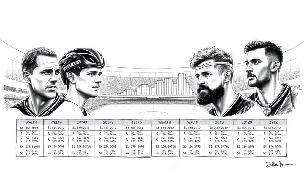 A detailed comparison of the wealth and assets of legendary football players, depicted in a stylized black and white illustration with subtle pops of color. The foreground features a grid-like layout showcasing the individual players, their portraits, and key financial details. The middle ground presents an abstract data visualization, conveying the relative scale and distribution of their fortunes. The background sets an atmospheric scene, with a minimalist cityscape or stadium backdrop, evoking the world of professional football. The overall mood is one of sophistication and analytical precision, with a touch of artistic flair to engage the viewer.