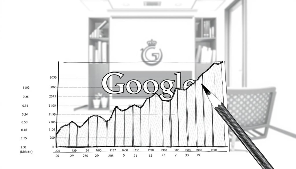 A detailed composition showcasing Google's stock portfolio assets, highlighted in a black-and-white sketch-like style with strategic pops of color. The foreground features a meticulously rendered graph or chart displaying the breakdown of Jawed Karim's Google stock holdings, conveying the wealth and scale of his investments. The middle ground depicts the Google logo, subtly incorporated as a visual anchor. The background sets the scene with an implied office or corporate environment, utilizing clean lines and minimalist design elements to maintain focus on the financial data. Lighting is soft and directional, creating depth and dimension. The overall mood is one of precision, affluence, and meticulous attention to detail.