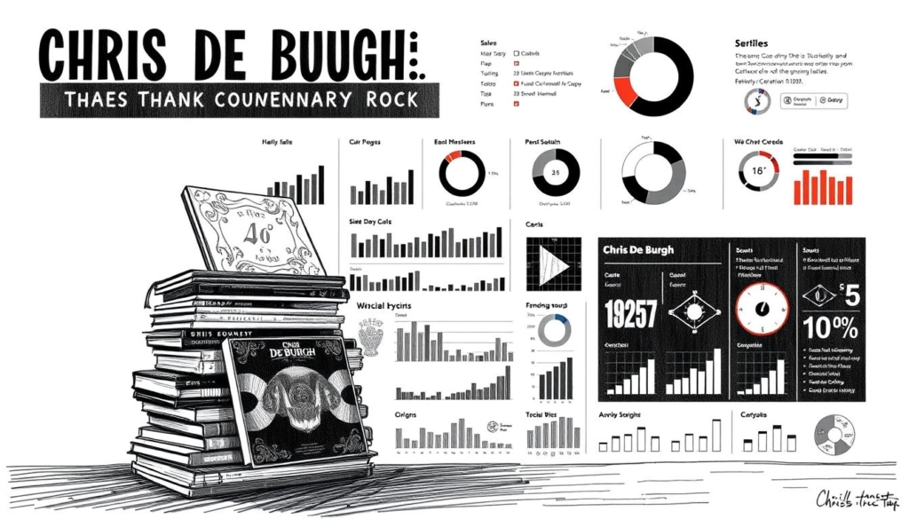 A detailed discography showcasing the commercial success of Chris De Burgh's musical career, presented in a stylized black-and-white illustration with selective color accents. The foreground features a stack of album covers, each with a distinct design, arranged in a visually striking manner. The middle ground depicts a series of charts, graphs, and data visualizations highlighting the artist's album sales, chart performances, and other key metrics. The background sets the mood with a clean, minimalist environment, allowing the core elements to take center stage. The overall aesthetic combines a sense of professionalism and attention to detail, reflecting the substance of the subject matter.