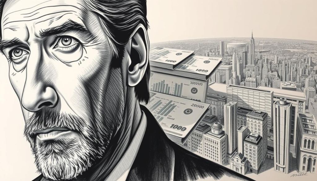 A detailed financial breakdown of Richard Gere's substantial wealth, depicted in a meticulously rendered black and white sketch with strategic pops of color. The foreground showcases a close-up of Gere's face, his piercing gaze and chiseled features lending an air of contemplation. In the middle ground, a series of financial documents and charts unfold, illuminating the intricate web of his investments and assets. The background layers a panoramic cityscape, hinting at the global scale of his enterprise. The lighting is crisp and directional, casting dramatic shadows that accentuate the subject's depth and dimensionality. This illustration aims to convey the scope and complexity of Gere's remarkable net worth through a visually striking, technically precise, and conceptually coherent composition.