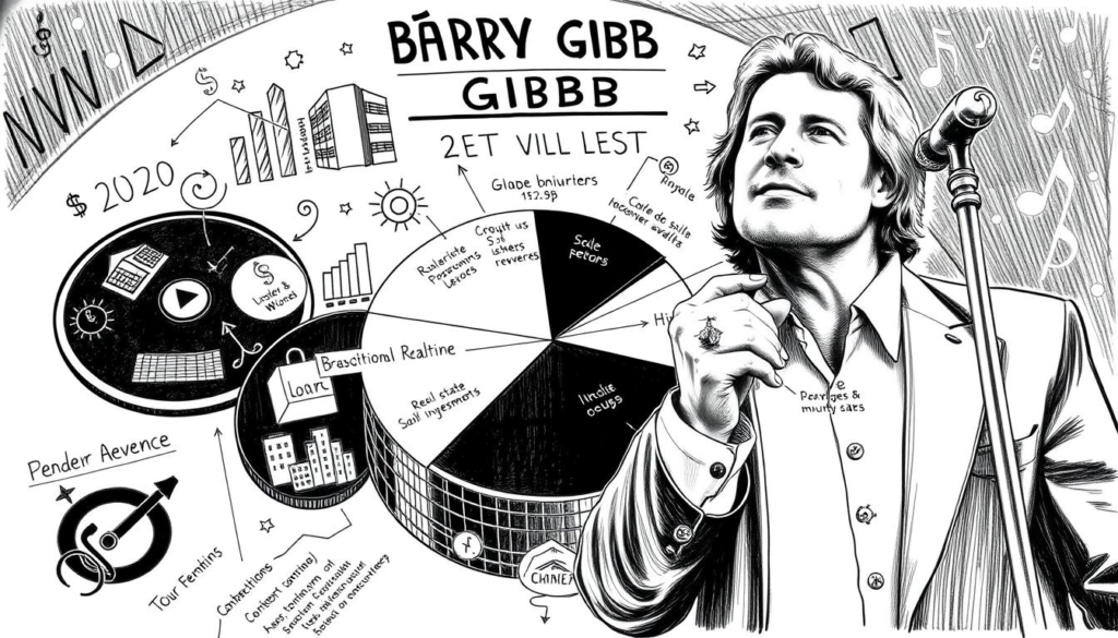 A detailed financial breakdown of legendary musician Barry Gibb's net worth and income sources. Depicted in a stylized black and white illustration with selective color accents, the image showcases Gibb's diverse revenue streams - from Bee Gees royalties and solo ventures to real estate investments and business endeavors. The foreground features a central pie chart visually segmenting Gibb's wealth, surrounded by icons representing his multiple income streams. The middle ground includes technical financial data and statistics, while the background hints at Gibb's storied musical legacy through subtle musical motifs. Carefully crafted to convey a sense of sophistication and authority befitting the subject matter. A detailed financial breakdown of legendary musician Barry Gibb's net worth and income sources. Depicted in a stylized black and white illustration with selective color accents, the image showcases Gibb's diverse revenue streams - from Bee Gees royalties and solo ventures to real estate investments and business endeavors. The foreground features a central pie chart visually segmenting Gibb's wealth, surrounded by icons representing his multiple income streams. The middle ground includes technical financial data and statistics, while the background hints at Gibb's storied musical legacy through subtle musical motifs. Carefully crafted to convey a sense of sophistication and authority befitting the subject matter.