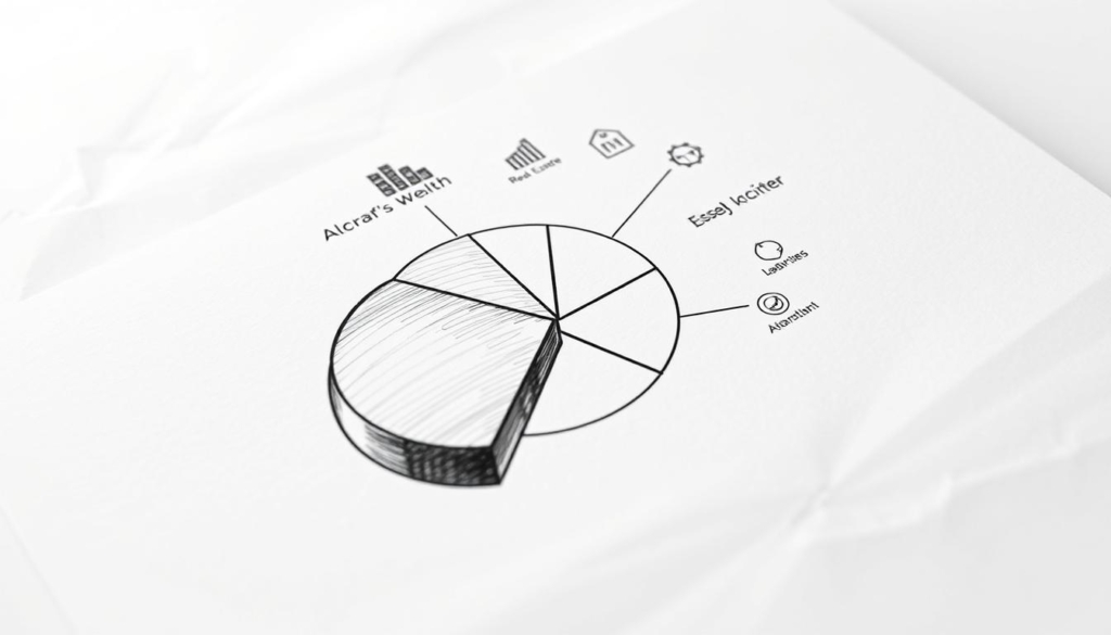 A detailed financial diagram depicting the asset composition of Achraf's wealth, rendered in a minimalist black and white style with selective color accents. The foreground showcases a precise pie chart segmented by investment categories - stocks, bonds, real estate, and alternative assets. The middle ground features clean, geometric icons symbolizing these asset classes. The background subtly incorporates a grid-like pattern, adding depth and structure to the composition. Subtle gradients and textures create depth and visual interest, while a soft, muted palette conveys a sense of sophistication. The overall effect is a sleek, analytical visualization that effectively communicates the intricate makeup of Achraf's diversified investment portfolio. A detailed financial diagram depicting the asset composition of Achraf's wealth, rendered in a minimalist black and white style with selective color accents. The foreground showcases a precise pie chart segmented by investment categories - stocks, bonds, real estate, and alternative assets. The middle ground features clean, geometric icons symbolizing these asset classes. The background subtly incorporates a grid-like pattern, adding depth and structure to the composition. Subtle gradients and textures create depth and visual interest, while a soft, muted palette conveys a sense of sophistication. The overall effect is a sleek, analytical visualization that effectively communicates the intricate makeup of Achraf's diversified investment portfolio.