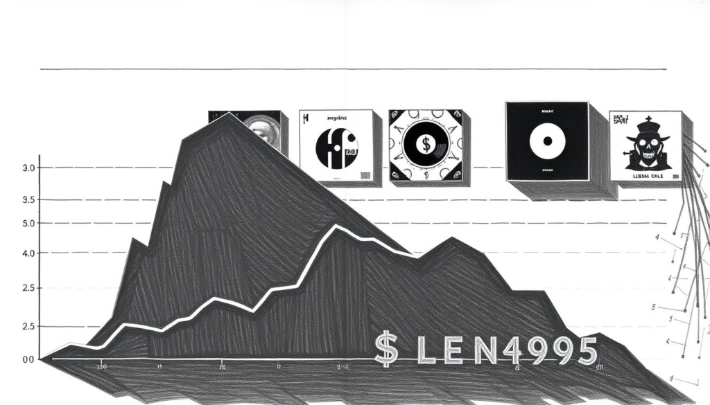A detailed financial report showcasing the dual revenue streams of music album sales and streaming platform earnings, presented in a sleek, minimalist aesthetic. The foreground features a striking graph charting the fluctuating data points, with bold, geometric shapes and lines in muted tones. The middle ground displays a series of album covers, each rendered in a chiaroscuro technique, casting dramatic shadows. The background sets the scene with a subtle grid pattern, evoking the structured nature of the financial data. Executed in a predominantly black and white palette, with carefully placed splashes of color to draw the eye and highlight key elements. The overall tone is one of refined sophistication, reflecting the wealth and success of the musical artist. A detailed financial report showcasing the dual revenue streams of music album sales and streaming platform earnings, presented in a sleek, minimalist aesthetic. The foreground features a striking graph charting the fluctuating data points, with bold, geometric shapes and lines in muted tones. The middle ground displays a series of album covers, each rendered in a chiaroscuro technique, casting dramatic shadows. The background sets the scene with a subtle grid pattern, evoking the structured nature of the financial data. Executed in a predominantly black and white palette, with carefully placed splashes of color to draw the eye and highlight key elements. The overall tone is one of refined sophistication, reflecting the wealth and success of the musical artist.