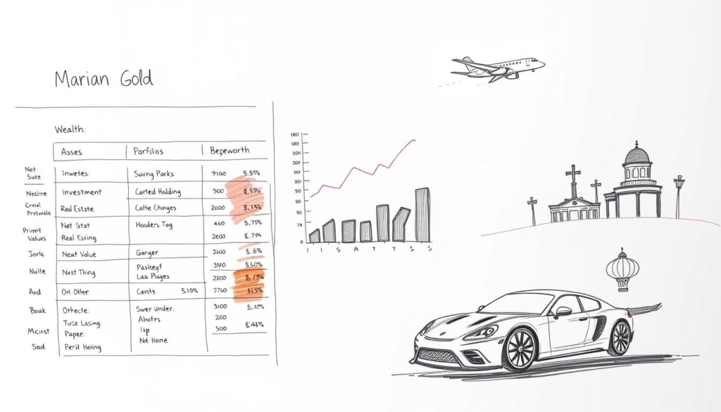 A detailed financial statement depicting the wealth composition of Marian Gold. A sleek, minimalist sketch-like illustration in black and white, with strategically placed splashes of color highlighting key financial assets. The foreground showcases a neatly organized breakdown of investment portfolios, real estate holdings, and other high-value possessions. The middle ground features precise graphs and charts visualizing the proportional breakdown of Marian's net worth. The background hints at the opulent lifestyle associated with such substantial wealth, with faint silhouettes of luxury cars, private jets, and lavish properties. Crisp lines, subtle gradients, and a touch of vibrant hues create a sophisticated, high-net-worth aesthetic, reflecting the subject's financial standing. A detailed financial statement depicting the wealth composition of Marian Gold. A sleek, minimalist sketch-like illustration in black and white, with strategically placed splashes of color highlighting key financial assets. The foreground showcases a neatly organized breakdown of investment portfolios, real estate holdings, and other high-value possessions. The middle ground features precise graphs and charts visualizing the proportional breakdown of Marian's net worth. The background hints at the opulent lifestyle associated with such substantial wealth, with faint silhouettes of luxury cars, private jets, and lavish properties. Crisp lines, subtle gradients, and a touch of vibrant hues create a sophisticated, high-net-worth aesthetic, reflecting the subject's financial standing.