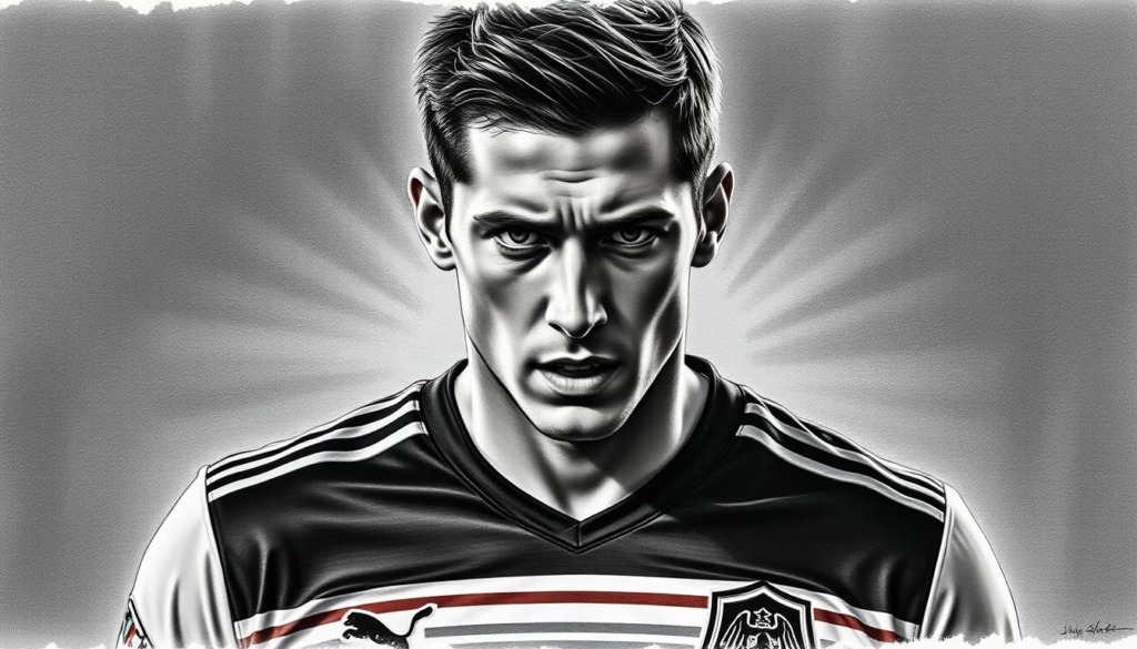 A detailed, high-contrast portrait of German national football player Lars Stindl, dressed in the uniform of the German national team, with a determined expression on his face. The lighting is dramatic, casting strong shadows and highlighting the contours of his face. The background is blurred, allowing the subject to stand out. The image has a muted color palette, with the uniform and skin tones rendered in shades of gray, and only subtle pops of color, such as the crest on the jersey or the grass in the background. The overall mood is one of focus, dedication, and the pursuit of success on the international stage. A detailed, high-contrast portrait of German national football player Lars Stindl, dressed in the uniform of the German national team, with a determined expression on his face. The lighting is dramatic, casting strong shadows and highlighting the contours of his face. The background is blurred, allowing the subject to stand out. The image has a muted color palette, with the uniform and skin tones rendered in shades of gray, and only subtle pops of color, such as the crest on the jersey or the grass in the background. The overall mood is one of focus, dedication, and the pursuit of success on the international stage.